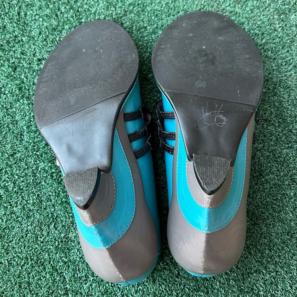 John Fluevog Vintage Miss April Peep Toe Wedge Heel Leather Turquoise Black 7 - Picture 7 of 13